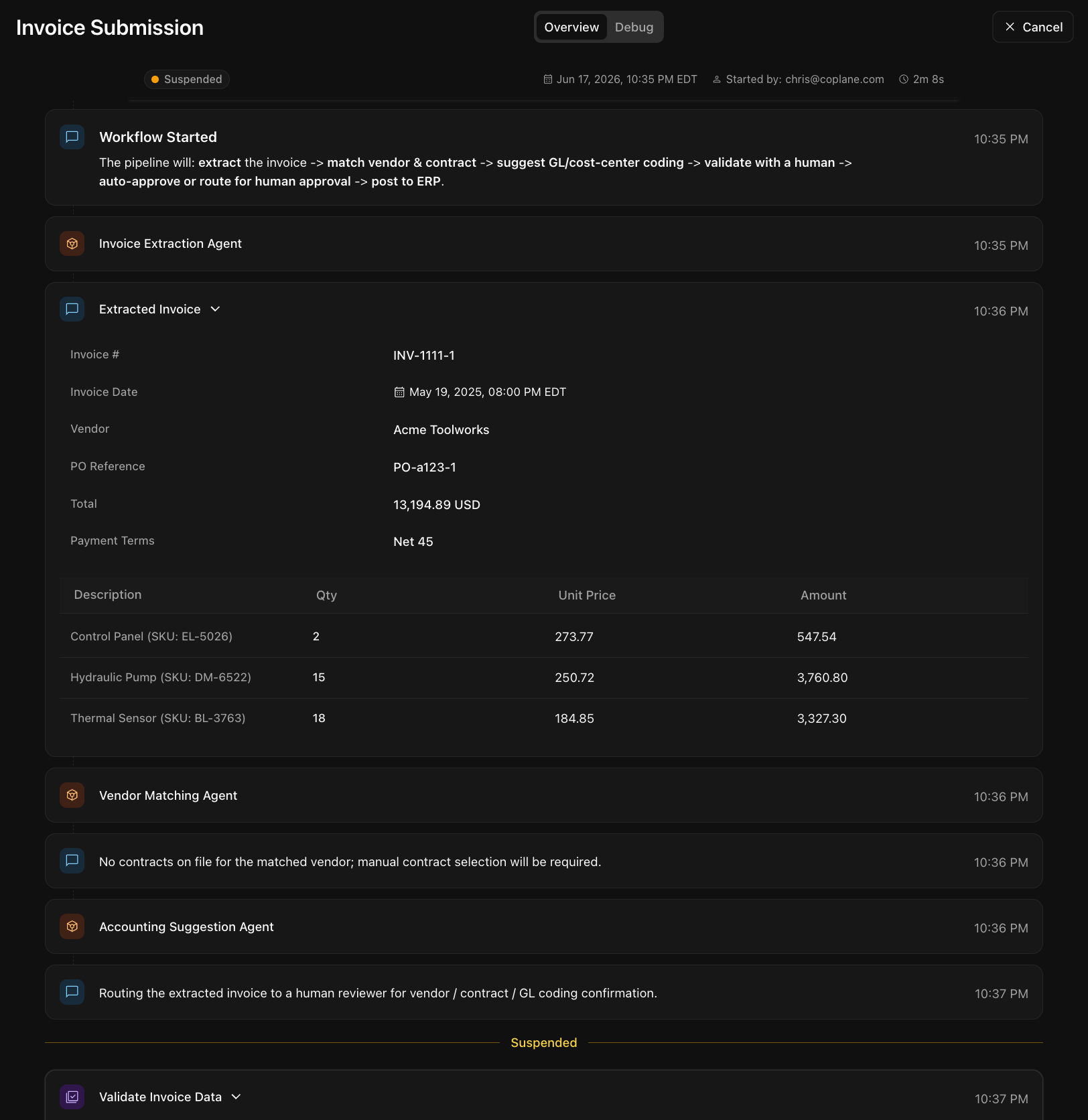 CoPlane run detail showing agent steps and human task